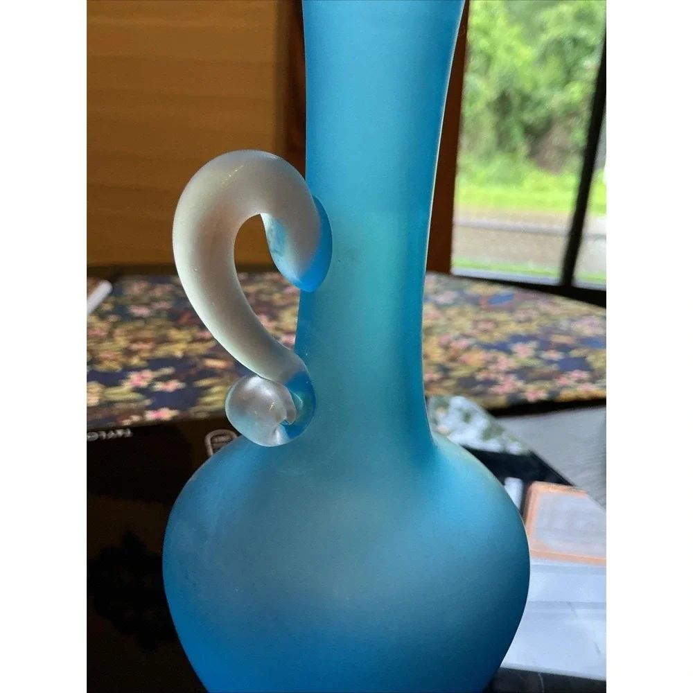 Vintage Peacock Blue Satin Glass 8 Inch High Bud Vase With Frosted Handle